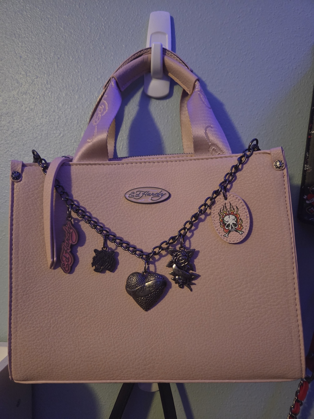 Ed Hardy Pale Pink Satchel with Charm Chain